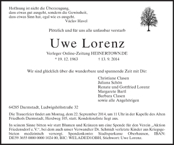 Traueranzeige von Uwe Lorenz von Echo-Zeitungen (Gesamtausgabe)