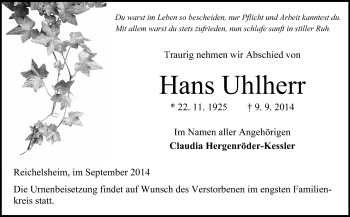 Traueranzeige von Hans Uhlherr von Odenwälder Echo