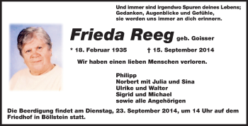 Traueranzeige von Frieda Reeg von Odenwälder Echo