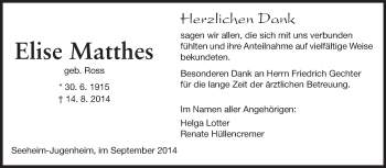Traueranzeige von Elise Matthes von Echo-Zeitungen (Gesamtausgabe)