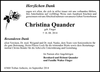 Traueranzeige von Christina Quander von Rüsselsheimer Echo, Groß-Gerauer-Echo, Ried Echo