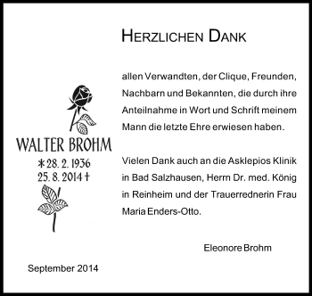 Traueranzeige von Walter Brohm von Echo-Zeitungen (Gesamtausgabe)