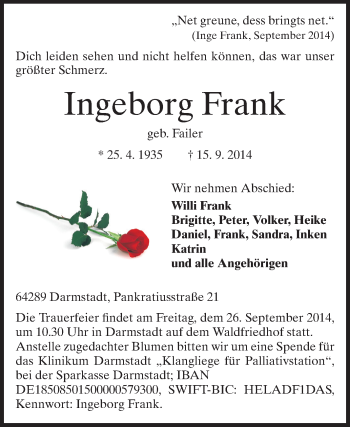 Traueranzeige von Ingeborg Frank von Echo-Zeitungen (Gesamtausgabe)