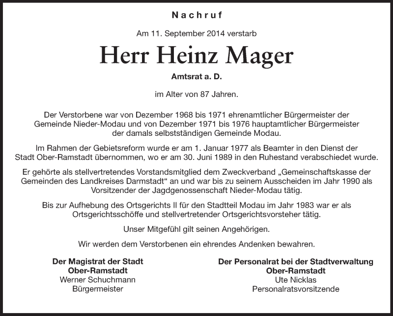  Traueranzeige für Heinz Mager vom 20.09.2014 aus Echo-Zeitungen (Gesamtausgabe)