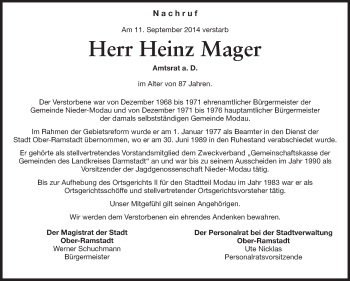 Traueranzeige von Heinz Mager von Echo-Zeitungen (Gesamtausgabe)