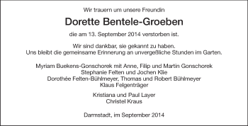 Traueranzeige von Dorette Bentele-Groeben von Echo-Zeitungen (Gesamtausgabe)