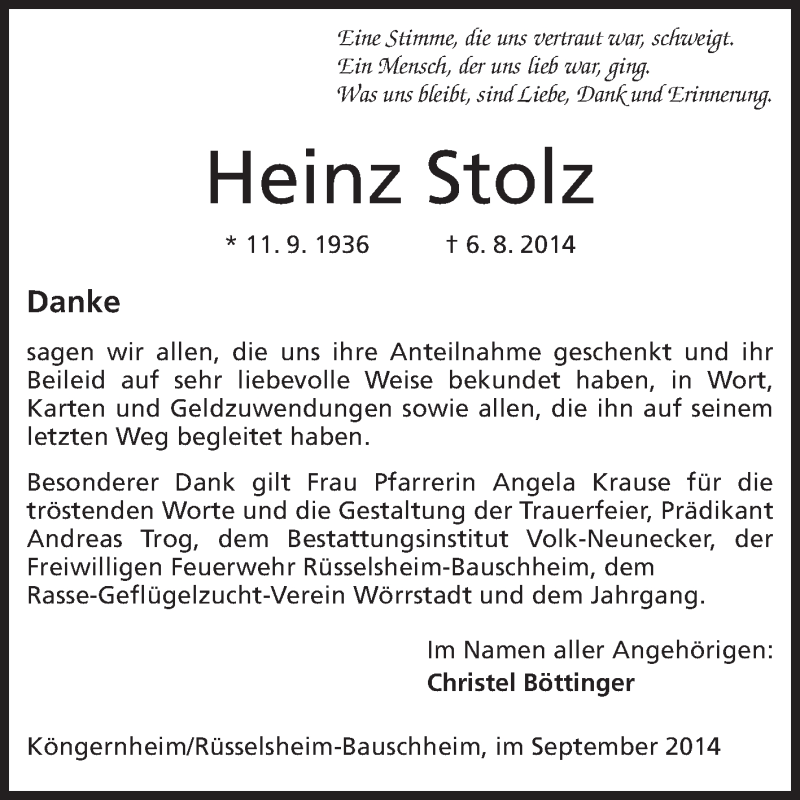  Traueranzeige für Heinz Stolz vom 20.09.2014 aus Rüsselsheimer Echo, Groß-Gerauer-Echo, Ried Echo