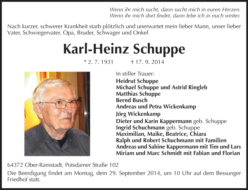  Traueranzeige für Karl-Heinz Schuppe vom 20.09.2014 aus Echo-Zeitungen (Gesamtausgabe)
