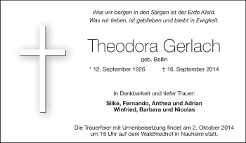 Traueranzeige von Theodora Gerlach von Rüsselsheimer Echo, Groß-Gerauer-Echo, Ried Echo