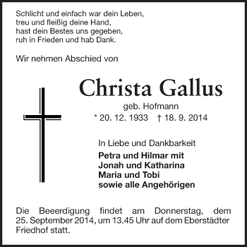 Traueranzeige von Christa Gallus von Echo-Zeitungen (Gesamtausgabe)
