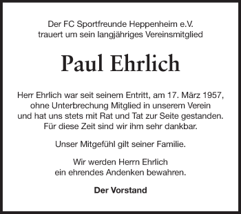 Traueranzeige von Paul Ehrlich von Starkenburger Echo