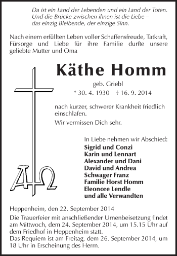 Traueranzeige von Käthe Homm von Starkenburger Echo
