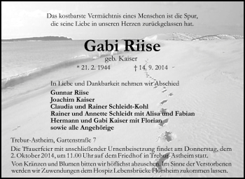 Traueranzeige von Gabi Riise von Rüsselsheimer Echo, Groß-Gerauer-Echo, Ried Echo