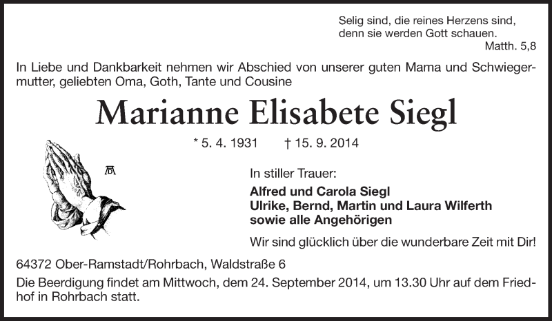 Traueranzeige für Marianne Elisabete Siegl vom 20.09.2014 aus Echo-Zeitungen (Gesamtausgabe)