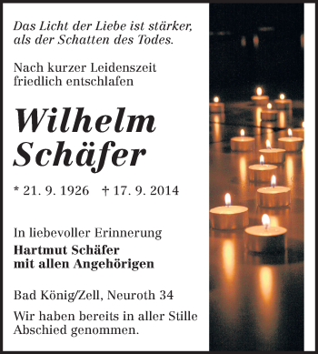 Traueranzeige von Wilhelm Schäfer von Odenwälder Echo