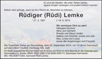 Traueranzeige von Rüdiger Lemke von Echo-Zeitungen (Gesamtausgabe)