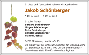 Traueranzeige von Jakob Schönberger von Odenwälder Echo