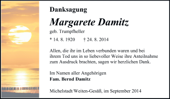 Traueranzeige von Margarete Damitz von Odenwälder Echo