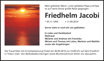 Traueranzeige von Friedhelm Jacobi von Rüsselsheimer Echo, Groß-Gerauer-Echo, Ried Echo
