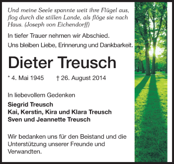 Traueranzeige von Dieter Treusch von Echo-Zeitungen (Gesamtausgabe)