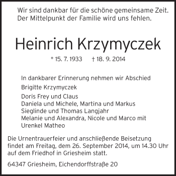 Traueranzeige von Heinrich Krzymyczek von Echo-Zeitungen (Gesamtausgabe)