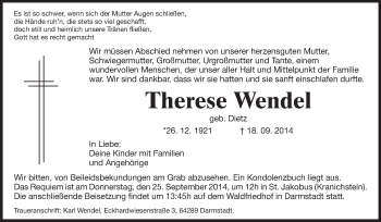 Traueranzeige von Therese Wendel von Echo-Zeitungen (Gesamtausgabe)