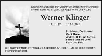Traueranzeige von Werner Klinger von Echo-Zeitungen (Gesamtausgabe)