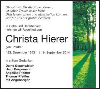 Traueranzeige von Christa Hierer von Echo-Zeitungen (Gesamtausgabe)