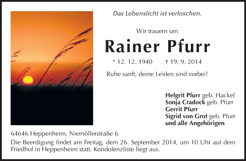  Traueranzeige für Rainer Pfurr vom 23.09.2014 aus Starkenburger Echo