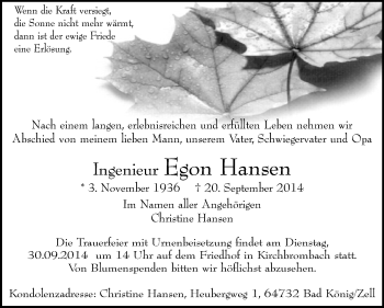 Traueranzeige von Egon Hansen von Odenwälder Echo
