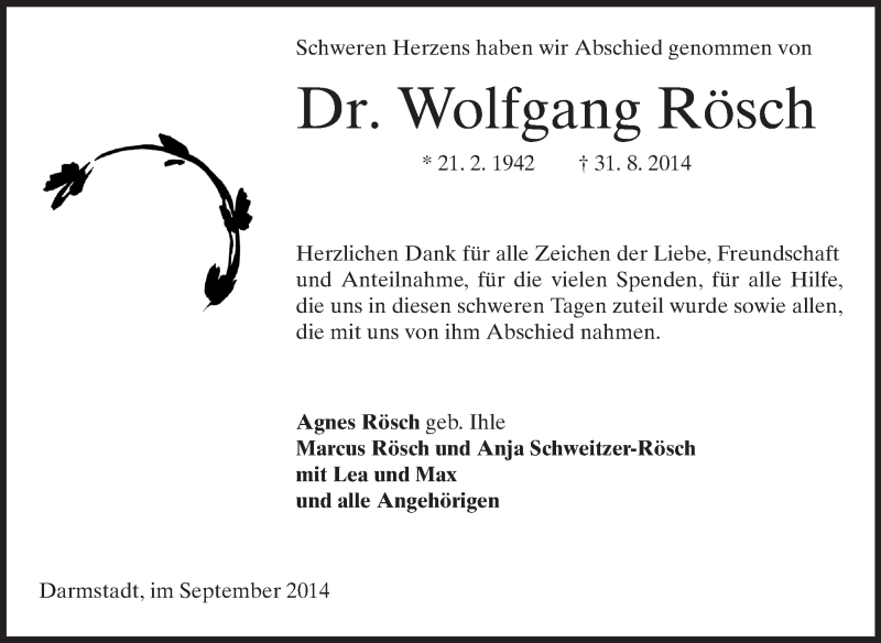  Traueranzeige für Wolfgang Rösch vom 24.09.2014 aus Echo-Zeitungen (Gesamtausgabe)