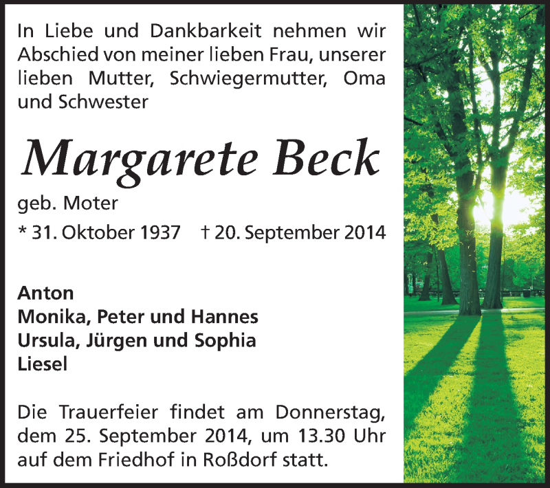  Traueranzeige für Margarete Beck vom 23.09.2014 aus Echo-Zeitungen (Gesamtausgabe)