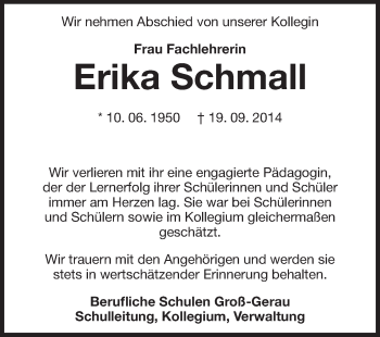Traueranzeige von Erika Schmall von Rüsselsheimer Echo, Groß-Gerauer-Echo, Ried Echo