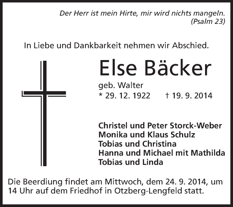  Traueranzeige für Else Bäcker vom 23.09.2014 aus Echo-Zeitungen (Gesamtausgabe)