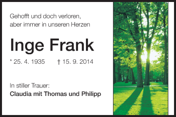 Traueranzeige von Inge Frank von Echo-Zeitungen (Gesamtausgabe)
