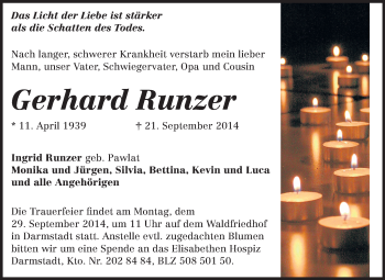 Traueranzeige von Gerhard Runzer von Echo-Zeitungen (Gesamtausgabe)