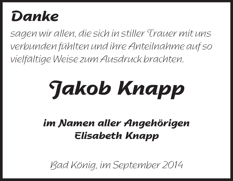  Traueranzeige für Jakob Knapp vom 24.09.2014 aus Odenwälder Echo