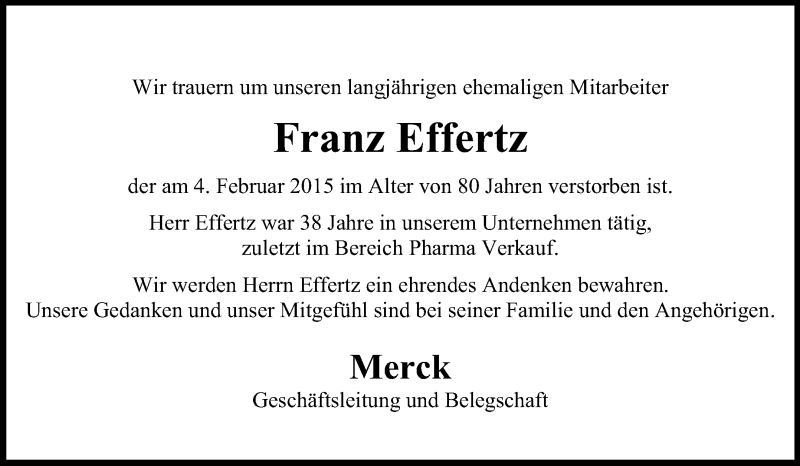  Traueranzeige für Franz Effertz vom 11.02.2015 aus Echo-Zeitungen (Gesamtausgabe)