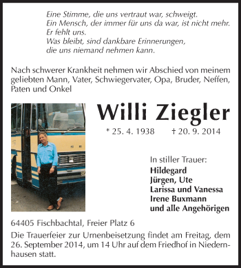 Traueranzeige von Willi Ziegler von Echo-Zeitungen (Gesamtausgabe)
