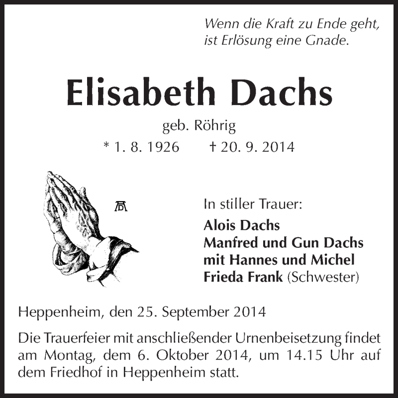  Traueranzeige für Elisabeth Dachs vom 01.10.2014 aus Starkenburger Echo