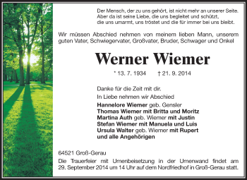 Traueranzeige von Werner Wiemer von Rüsselsheimer Echo, Groß-Gerauer-Echo, Ried Echo