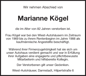 Traueranzeige von Marianne Kögel von Echo-Zeitungen (Gesamtausgabe)