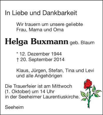 Traueranzeige von Helga Buxmann von Echo-Zeitungen (Gesamtausgabe)