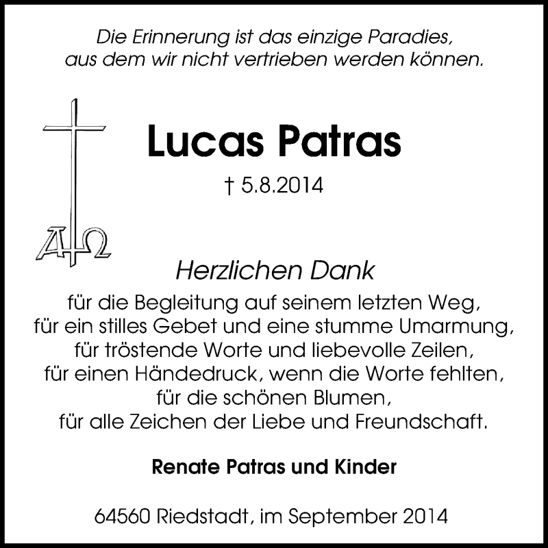  Traueranzeige für Lucas Patras vom 24.09.2014 aus Echo-Zeitungen (Gesamtausgabe)