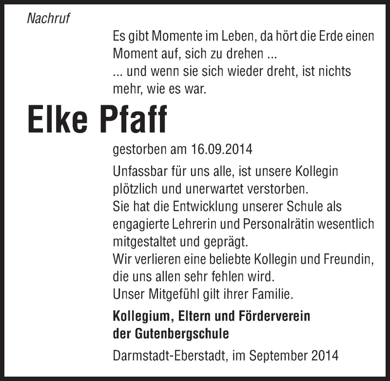  Traueranzeige für Elke Pfaff vom 27.09.2014 aus Echo-Zeitungen (Gesamtausgabe)