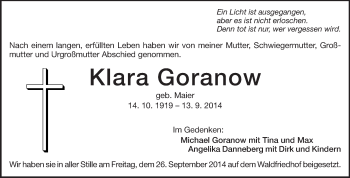 Traueranzeige von Klara Goranow von Echo-Zeitungen (Gesamtausgabe)