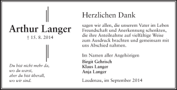 Traueranzeige von Arthur Langer von Odenwälder Echo