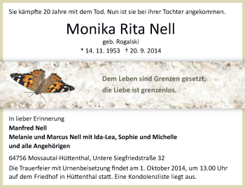 Traueranzeige von Monika Rita Nell von Odenwälder Echo