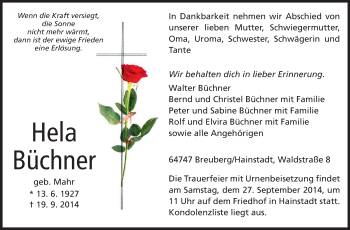 Traueranzeige von Hela Büchner von Odenwälder Echo