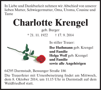 Traueranzeige von Charlotte Krengel von Echo-Zeitungen (Gesamtausgabe)